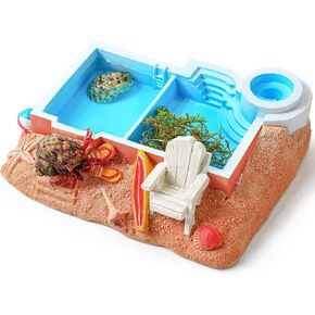 Gerrii Hermit Crab Water Bowl with Climbing Ramp, 2 Compartments Resin Hermit Crab Water Bathing Pool and Food Dish Seashell Reptile Climbing Habitat Platform for Turtles Lizard Frog Gecko Chameleons