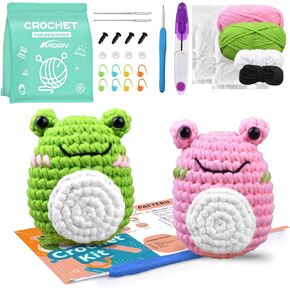 Crochet Kit for Beginners - 2 Pcs Cute Frog Crochet Kit with Step-by-Step Video Tutorials, Beginner Knitting Set for Adults, Amigurumi Crocheting Animal Kits, DIY Art Craft, Great Gifts for Teen Girls
