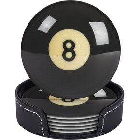 Black 8 Billiard Coasters for Drinks with Holder Round Leather Coasters Set of 6 Cups Mugs Mat Pad for Home Kitchen Bar