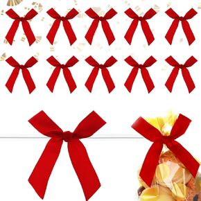 Twist Tie Bows, Red Satin Ribbon Mini Bows Craft Bows Twist Ties for Treat Bags Halloween Christmas Wedding Gift Wrapping, 50 Pack