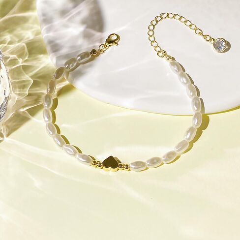 Gold Pearl Heart Bracelet 14K Gold Plated Dainty Pearls Bracelets for Women Adjustable Chain Bracelets Bridesmaid Minimalist Handmade Jewelry Gifts in Saudi Arabia