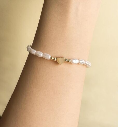 Gold Pearl Heart Bracelet 14K Gold Plated Dainty Pearls Bracelets for Women Adjustable Chain Bracelets Bridesmaid Minimalist Handmade Jewelry Gifts in Saudi Arabia