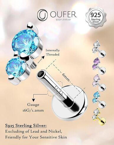 OUFER 925 Sterling Silver Helix Jewelry ، 16G مسطحة للأقراط الغضروف ، أقراط Tragus Helix المسطحة داخليًا للنساء ، مجوهرات ثقب الشفاه (Blue-6mm) in Kuwait