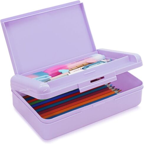 Double Layer Pencil Box, Hard Pencil case 2 Compartments, Plastic Large Capacity Pencil Case with Snap-tight Lid, Hard Storage Organizer Box for Girl Boy, Medium-sized(Pink) in Kuwait