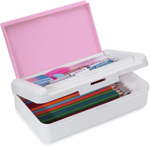Double Layer Pencil Box, Hard Pencil case 2 Compartments, Plastic Large Capacity Pencil Case with Snap-tight Lid, Hard Storage Organizer Box for Girl Boy, Medium-sized(Pink) in Kuwait