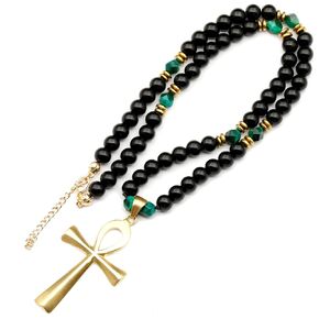 ElisaJewelryArt - Unique Ankh Cross Pendant Labradorite Beaded Necklace Genuine Gemstone Protection Stone Clasp Closure Egyptian Unisex Necklace (22, Labradorite)