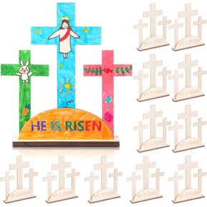 12 Sets DIY Wooden Crosses He is Risen Cross Craft Kits Make Your Own Jesus for Easter Decor Cross Art Sign with Base Wooden Ornament for Church Christian First Communion Baptism