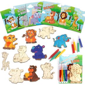 30 PCS Unfinished Wooden Animal Kits with Valentine Exchange Cards for Boys Girls Classroom School Prize, Animal Valentines Party Favor