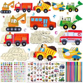 243 Pcs Transportation Wooden Crafts, Wooden Cars to Paint, Wooden Painting Crafts For Kids, with 27 Wood 202 Rhinestones 12 Color Pens 2 Stickers, DIY Crafts and Birthday Party Gifts for Kids