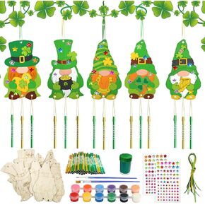 15 Pack St. Patrick's Day Wind Chime Making Kit Make Your Own Shamrock Lucky Arts and Crafts Wooden Ornaments DIY to Paint St. Patrick's Day Craft for Irish Activity Party Supplies