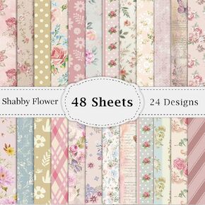 48PCS Floral Pattern Scrapbook Paper 12X12inch Vintage Shabby Flower Rose Specialty Craft 24 Style Spring Summer Decorative Cardstock Paper Folded Flat DIY Card Making Photo Album Decorations Supplies