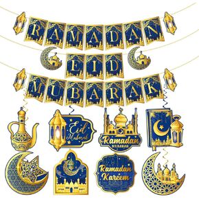 2 in 1 Ramadan and Eid Decorations, NO-DIY Ramadan Mubarak Decorations Includes Ramadan Eid Banner and 8 Pcs Ramadan Decorations Hanging Swirls,Blue nd Gold Eid Decorations Ramadan Decorations for Home
