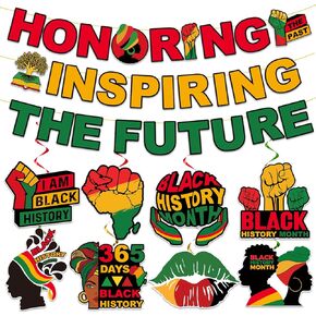 Black History Month Decorations, 1pc NO-DIY Black History Month Banner and 8pc Black History Month Hanging Swirls, Black History Month Decorations for Classroom, Black History Decorations