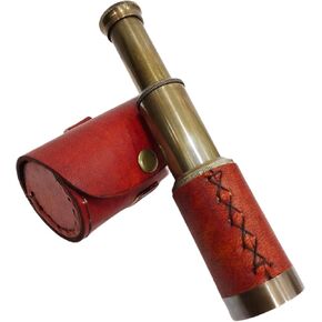 6'' Solid Brass Handheld Spyglass Telescope with Cylindrical Leather Brown Case Pirate Navigation Functional Telescope Nautical Collectibles