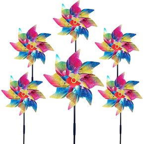 6pcs مغازل الرياح اللامعة لفرقة الفناء والحديقة ، زخارف ساحة العشب الملونة pinwheels 9.4 بوصة طاحونة طاحونة عاكسة لتخويف الطيور (قوس قزح)