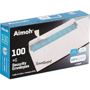 Aimoh #6 3/4 Security Tinted Self-Seal Envelopes - No Window, Size 3-5/8 X 6-1/2 Inches - White - 24 LB - 100 Count (34600)