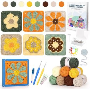 Katech Crochet Kit for Beginners, Crochet Kit for Adults Advanced Learn to Crochet Floral Granny Square Kit W/Crochet Blocking Mat Enough Yarn, Beginner Crochet Kit W/Step-by-Step Instructions