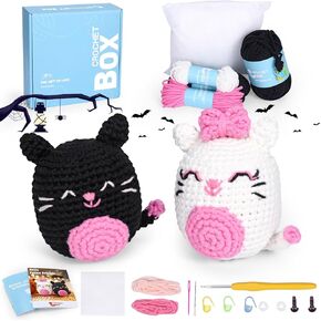 Crochet Kit for Beginners: 2 PCS Cats Animal Crochet Kit, Including Step-by-Step Video Tutorials, Instruction, Hook, Surprise Gift for Adults, Relaxing Crafts
