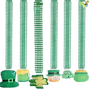 JOYIN 24 Pcs St Patricks Beads Necklaces with 6 Designed Pendants, Green Necklaces Bulk for St. Patrick's Day Carnival Party Favors Decorations Dress Up Accessories, Irish Beer Jewelry Costume
