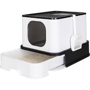 RIZZARI Foldable Cat Litter Box, Cat Box with Drawer, Large Capacity Litter Box with Lid, Top Opening Litter Pan for Small to Big Cats (All Black)