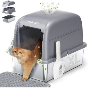 Meowant Stainless Steel Cat Litter Box, Extra Large 3-in-1 Enclosed Open Top Metal Litter Box with Lid, Odorless Cat Litter Pan with High Sides for Big Cats, Non-Sticky, Anti-Leakage, Easy Cleaning