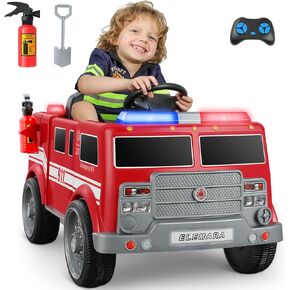 elemara 12v7ah ry on fire truck ، ركوب كهربائي على السيارة للأطفال ، سيارة طفل مدعوم بالبطارية مع التحكم عن بعد ، والمكالمات الإلكترونية ، والمكاسب الممر ، والأضواء الوامضة ، وطفايات الحريق ، والبلوتوث ، والموسيقى ، والموسيقى.