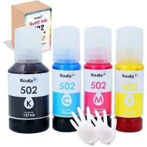 Koala T502 502 Ink Refill Bottles Replacement for Eco-Tank ET-2850 ET-3850 ET-2760 ET-2750 ET-3750 ET-4750 ET-3760 ET-4760 ET-15000 ST-4000-4 Pack，BK C M Y(Not Sublimation Ink)