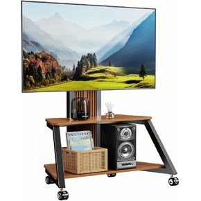 Heavy Duty Mobile TV Stand Rolling TV Cart with Wheels for 32-85 Inch Flat/Curved Led/LCD/OLED Portable Floor TV Stand with Wooden Shelves, Height Adjustable Holds up to 220lbs,Max VESA 600 x400mm
