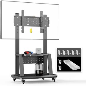 Mobile TV Stand Rolling TV Cart with Wheels for 32-75 Inch Flat/Curved Led/LCD/OLED Portable Floor TV Stand with Steel Shelf and Hole Platform, Height Adjustable Holds up to 180lbs