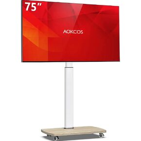 Rolling TV Stand, Portable Mobile TV Stand on Wheels for 32-75 Inch TV, 10 Level Height Adjustable, 12°Tilt & 50°Swivel, Tall Outdoor TV Floor Stand with Castors, Holds up to 110 Lbs, White