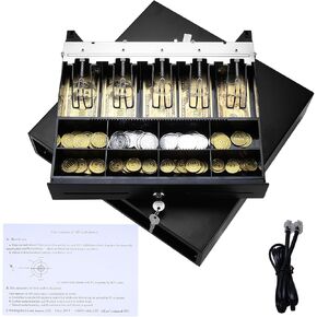 HOMOKUS 16" Cash Register Drawer,POS Cash Drawer with Removable Coin Tray,2 Media Slots and Keys for Small Businesse,5 Bills/8 Coins Compartments Pos Systems 12V for RJ11 (Black)