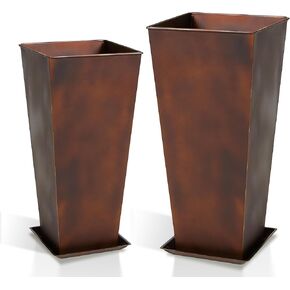 Worth Garden 25" Large Metal Glazed Planter Set of 2, Luxurious Glossy Finish Green Tall Square Tapered Steel Plant Pots, Decor Flower Pot Indoor & Outdoor, Drainage Hole & Dual-Purpose Plant Saucer