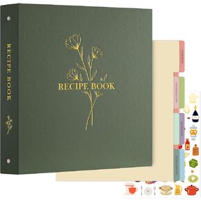 Lanpn Recipe Binder 8.5x11 3 Ring Kit, Waterproof Recipe Book Organizer Binder with 60 Plastic Sleeves,116 Recipes, Dividers,Labels & Stickers, Blank Recipe Binder to Write in Your Own Recipes, Green