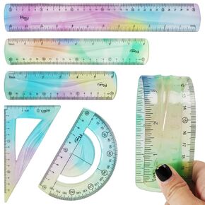 5 Pcs Flexible Rulers for School, 6inch 8inch 12inch, Shatterproof Soft Bendable Plastic Rulers with Centimeter and Inch Scales, Gradient Colors, Straight Edge & Protractor for School, Office, Kids
