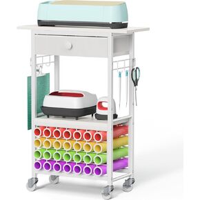 Snughome Craft Cart Compatible with Cricut Maker, Craft Organizers and Storage Cart，Craft Cart Organizer Table with Drawer and 28 Vinyl Roll Holders, White, 23.6"(L) x 9.5"(D) x 31.7"(H)