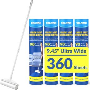 Large Lint Rollers for Carpet, Sticky Rollers for Floor DELOMO 9.45 in with 3 Extendable Handle,Long Handle Sticky Mop for Cleaning Carpets, Cars, Clothing, and Pet Hair