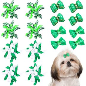 Weewooday 16 Pieces St. Patrick's Day Dog Hair Bows Dog Curve Bows Mixed Styles Pet Cat Puppy Green Clover Hair Bows with Rubber Bands Grooming Accessories