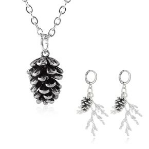 Pinecone Earrings Necklace Set Wilderness Pine Cone Camping Outdoors Jewelry Sparkling Leaf and Pinecone Necklace Earrings Adorned Nature Lover Festive Holiday Jewelry (Silver)