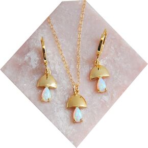 Mushroom necklace and Earrings set for women, inlaid with opal pendant, Plant Necklace Enamel Adjustable Chain Drop Mushroom Dangle Gold Plated Trendy Jewelry Gifts