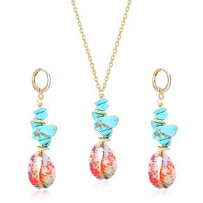 Raw Stone Shell Gold Necklace Earrings Set for Women Handmade Colorful Shell Long Drop Dangle Earrings Natural Sea Shell Turquoise Necklace Boho Summer Beach Jewelry Set (Blue)
