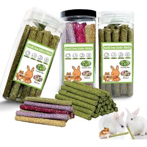 68PCS Rabbit Chew Toys, Natural Timothy Hay Sticks Guinea Pig Chews for Teeth Hamster Molar Treats Snacks Accessories for Bunny, Chinchillas, Rats, Gerbils and Other Small Animals