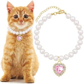 Pearl Collar for Cat Puppy, Small Cute Heart Shape Rhinestone Pet Necklace, Adjustable Wedding Party Pet Jewelry Accessories for Puppy Kitten- White