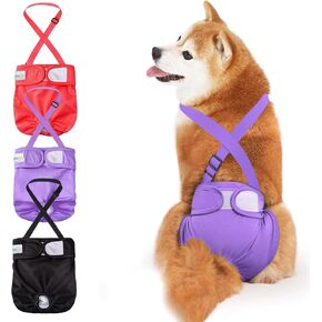 Idepet Female Dog Diapers with Suspender 3 Pack Washable Reusable Doggie Diapers for Small Medium Female Dog in Heat Period Cycle Urinary Incontinence Training, Black+Red+Purple M