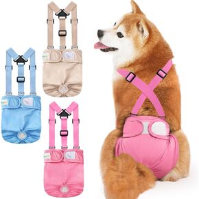 Idepet Female Dog Diapers with Suspender Detachable, 3 Pack Washable Reusable Girl Doggie Diapers for Small Medium Female Dog in Heat Period Cycle Urinary Incontinence Training L