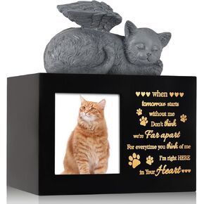 Pet Urns for Ashes, Black Wooden Cat Urns for Ashes with Cat Angel, Cat Memorial Keepsake Memory Box with Photo Frame, Loss Pet Sympathy Remembrance Gift (Medium - Memory)