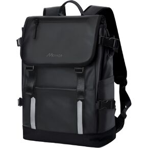 Rolltop Travel Commuter Backpack for Men Black Faux Leather Knapsack and Laptop Compartment College Necessities Casual Daypack Expandable Bag