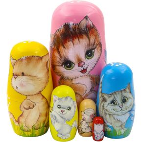 دمى Cat Cat Cat Nesting Set 6 قطع ملونة Kitty Wooden Russian Dolls Animal Cat Matryoshka دمى تكديس دمى للأطفال الفتاة عيد الميلاد عيد ميلاد عيد ميلاد ديكور المنزل