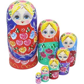 Set of 7 Pieces Beautiful Lovely Wood Red Flower Girl with Blue Scarf Traditonal Russian Nesting Dolls Matryoshka Wishing Dolls Toy Gift Home Room Decoration