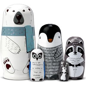 Christmas Nesting Dolls Russian Matryoshka Dolls Wooden Handmade Nutcracker Nesting Dolls Wooden Collectible Dolls Gifts Toy Set for Adults Kids Home Decor (Rustic Color,White Cartoon Animal)