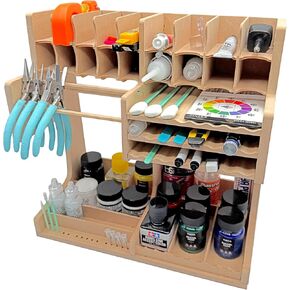 Pixiss Wooden Model Kit Rack-رف الطلاء MDF وحامل الأدوات لـ Tamiya و Vallejo والفرش والملحقات-حل تخزين تجميع DIY لتوفير الفضاء